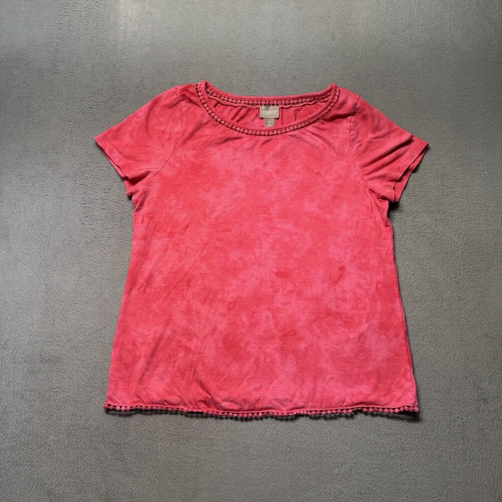 Chicos Womens 1 US M Pink Tie Dye Short Sleeve T Shirt Pom Pom Trim Top